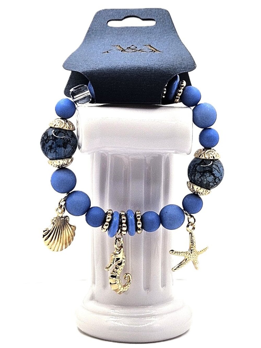 Blue Coastal Charm Bracelet, Gold Tone Seahorse Shell Starfish Bracelet, Beach